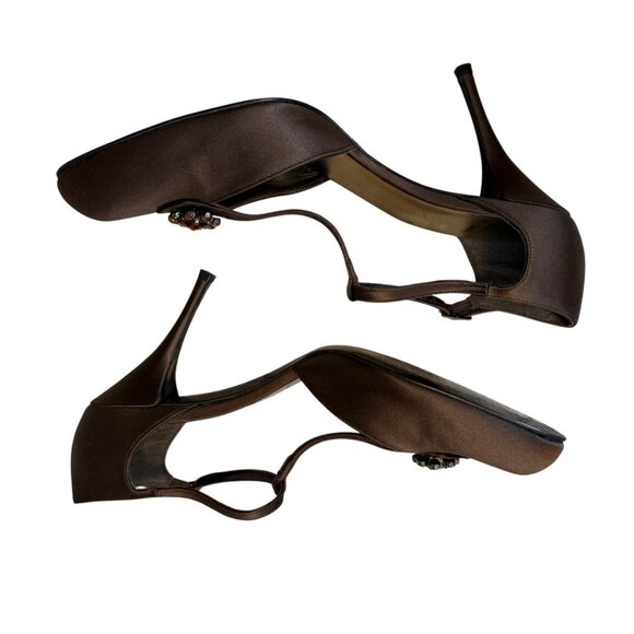 Stuart Weitzman Brown Satin Swarovski Crystal Embellished T-Strap Heels size 9.5 - Picture 6 of 10